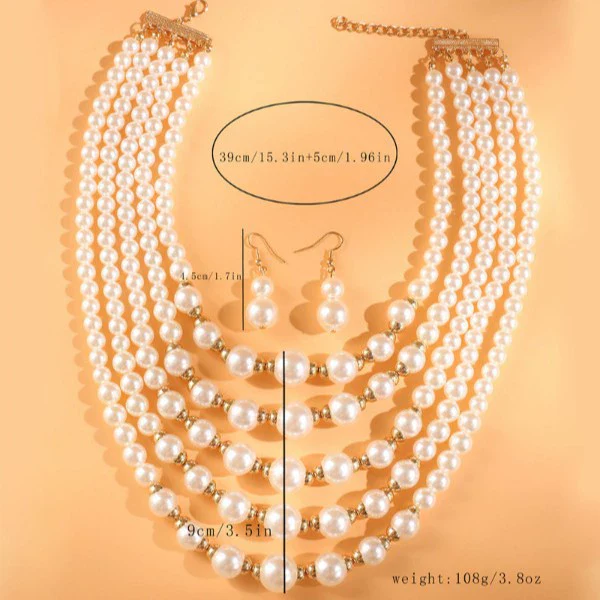 Fashion Ladies Jewelry Set With Multilayer Imitation Pearl Necklace And Earrings - Image 3