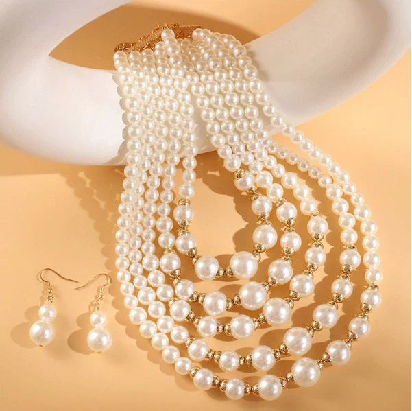 Fashion Ladies Jewelry Set With Multilayer Imitation Pearl Necklace And Earrings - Image 4