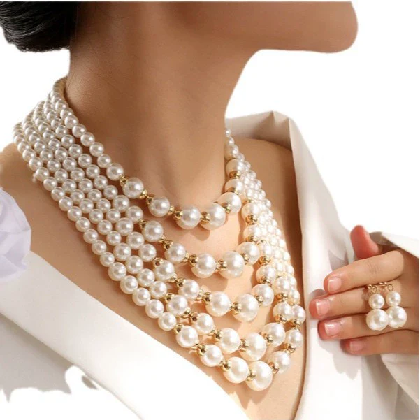 Fashion Ladies Jewelry Set With Multilayer Imitation Pearl Necklace And Earrings - Image 5