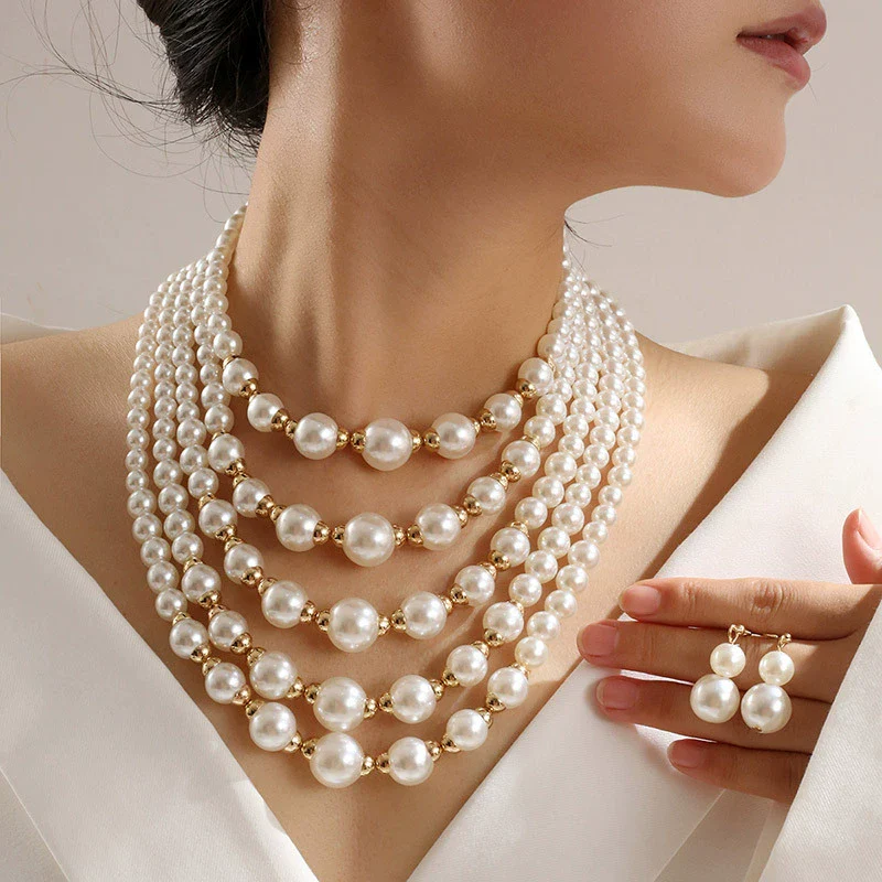 Fashion Ladies Jewelry Set With Multilayer Imitation Pearl Necklace And Earrings - Image 6
