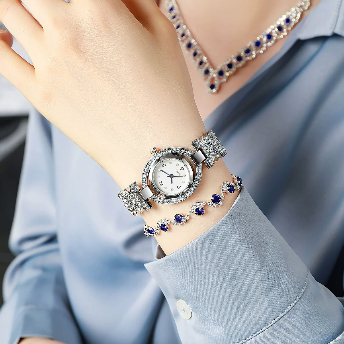 Fashion Ladies Watch Alloy Stainless Steel Round Sapphire Rhinestone Jewelry - Image 2