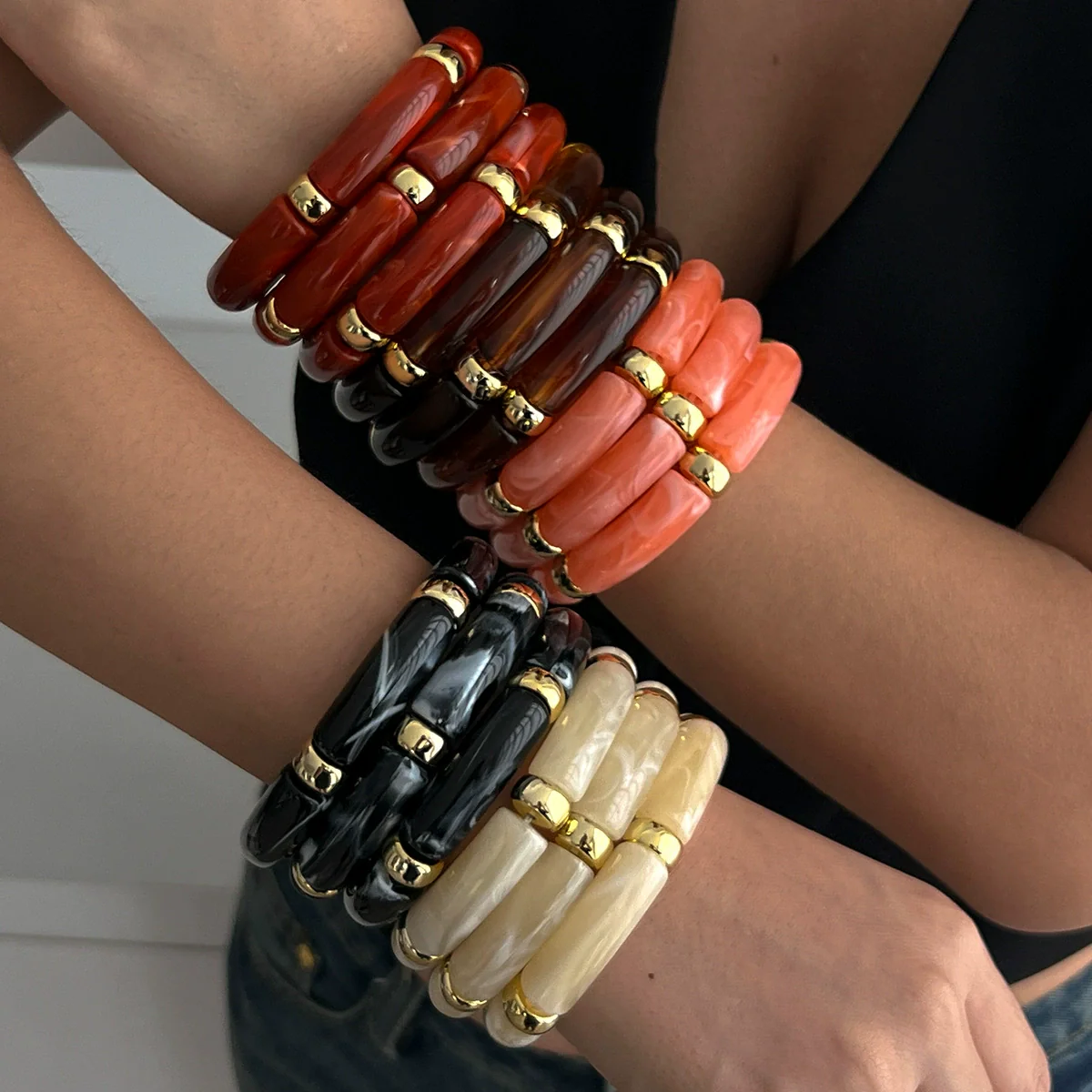 Fashion Light Luxury Punk Style Beaded Slub Plastic Glazed Curved Electroplated Bracelet