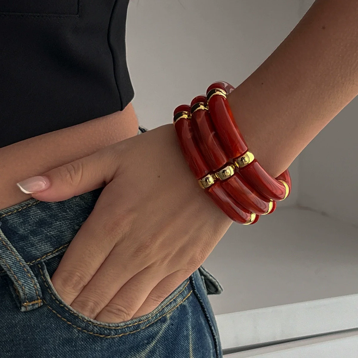 Fashion Light Luxury Punk Style Beaded Slub Plastic Glazed Curved Electroplated Bracelet - Image 10
