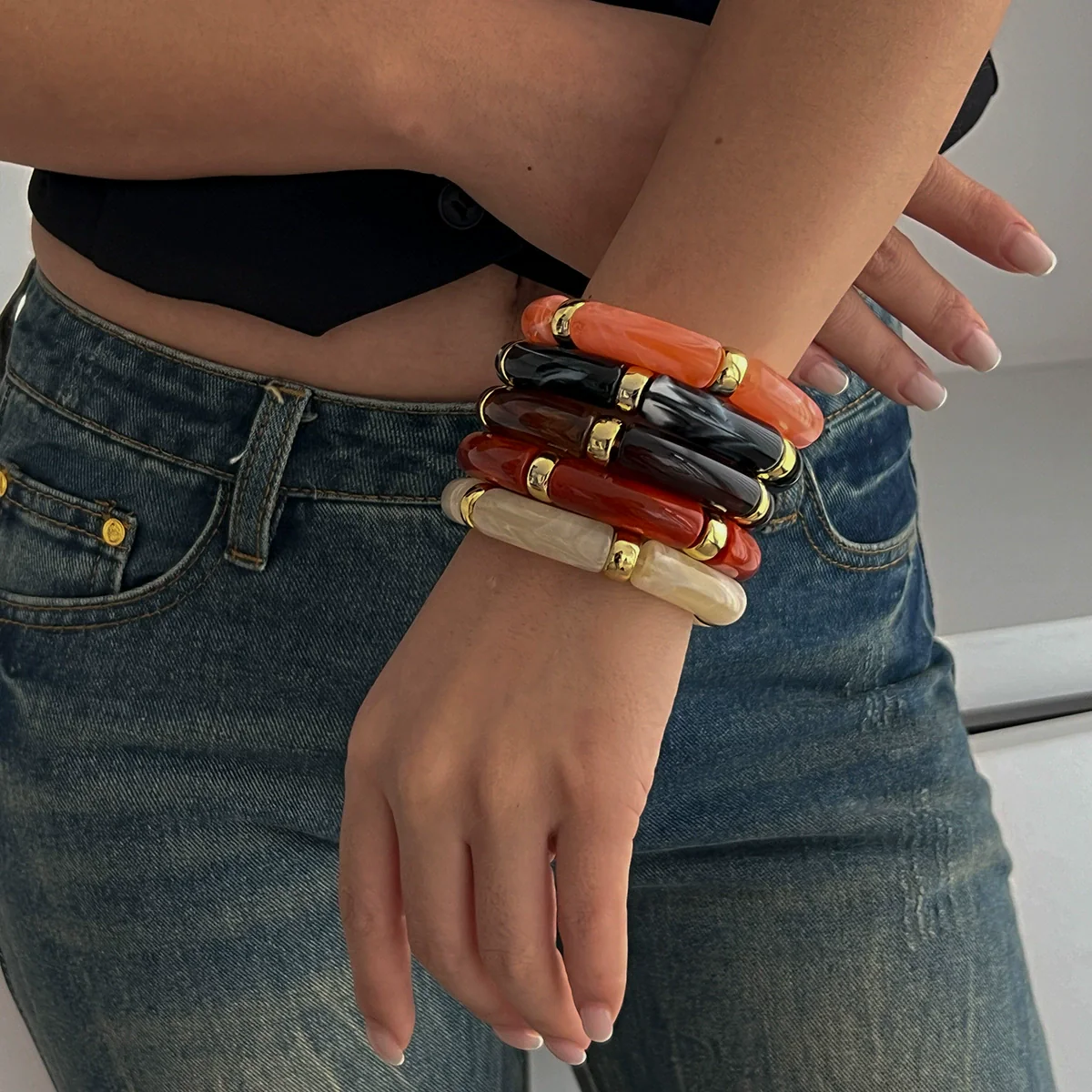 Fashion Light Luxury Punk Style Beaded Slub Plastic Glazed Curved Electroplated Bracelet - Image 3