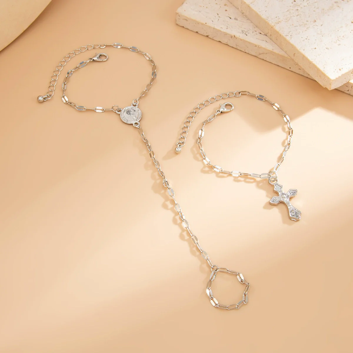 Fashion Metal Chain Cross Mittens Bracelet Coin Pendant Hand Chain Set For Women Alloy Geometric Electroplating - Image 4