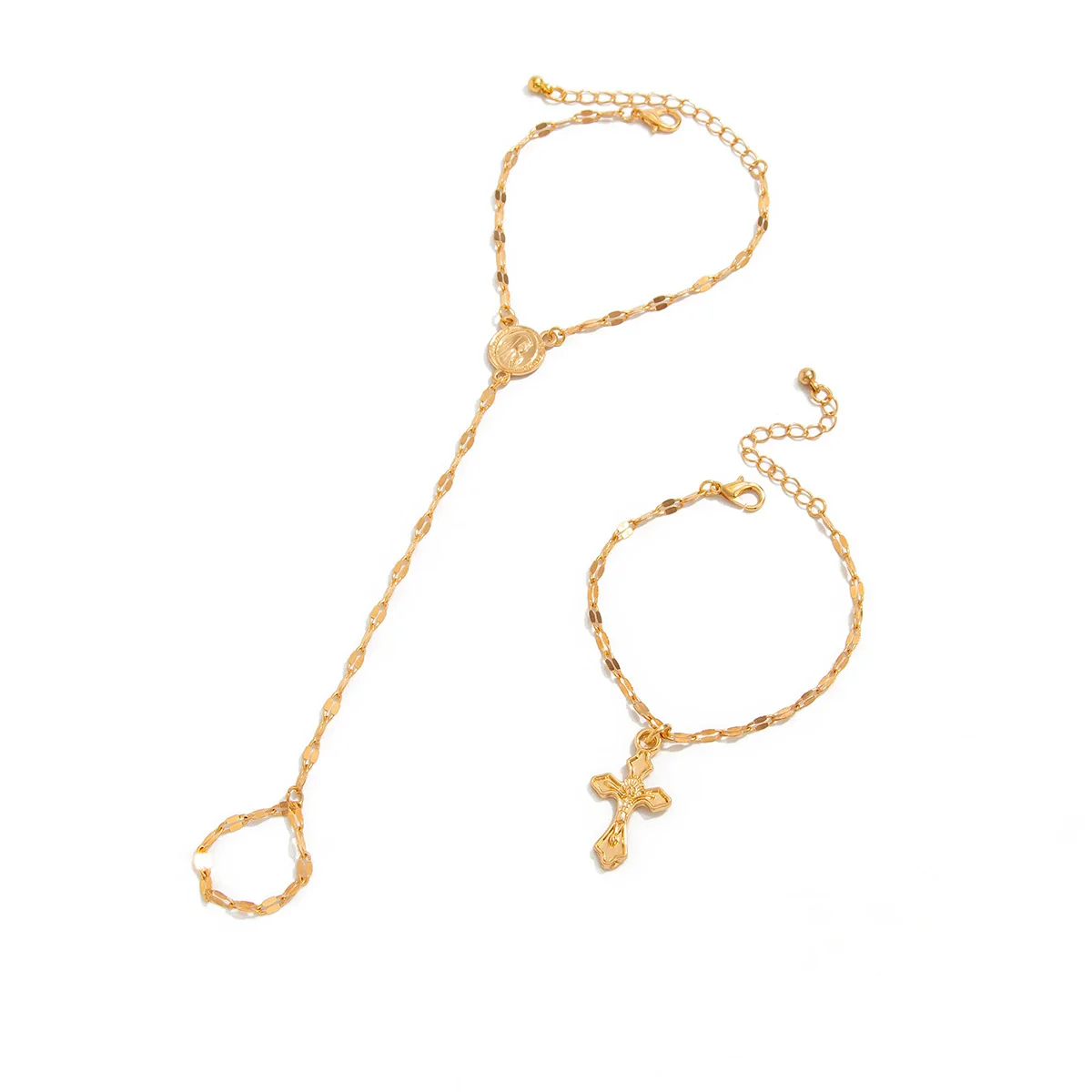 Fashion Metal Chain Cross Mittens Bracelet Coin Pendant Hand Chain Set For Women Alloy Geometric Electroplating - Image 5