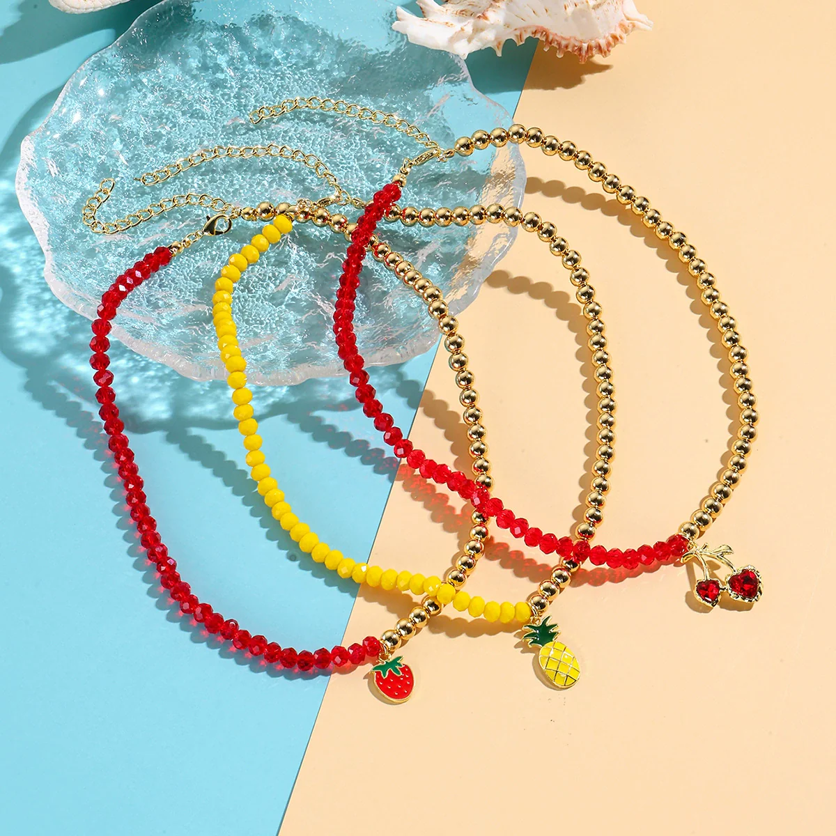 Fashion Necklace Alloy Handmade Beaded With Fruit Strawberry Pineapple Electroplating For Women
