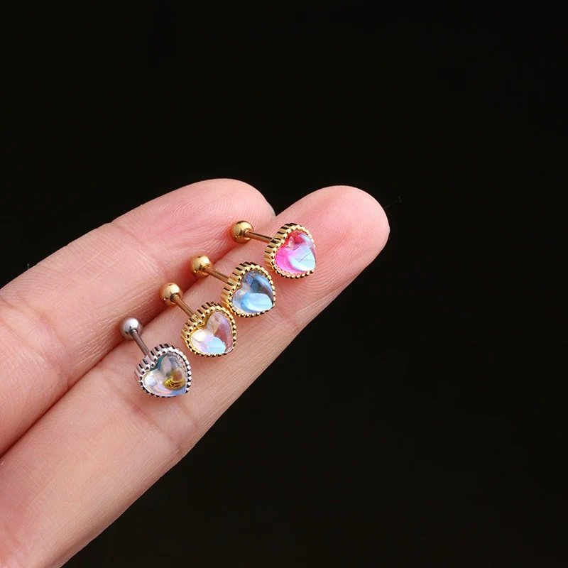 Fashion Piercing Jewelry Heart Moonstone Metal Ear Nail With Geometric Design And Electroplating - Image 2