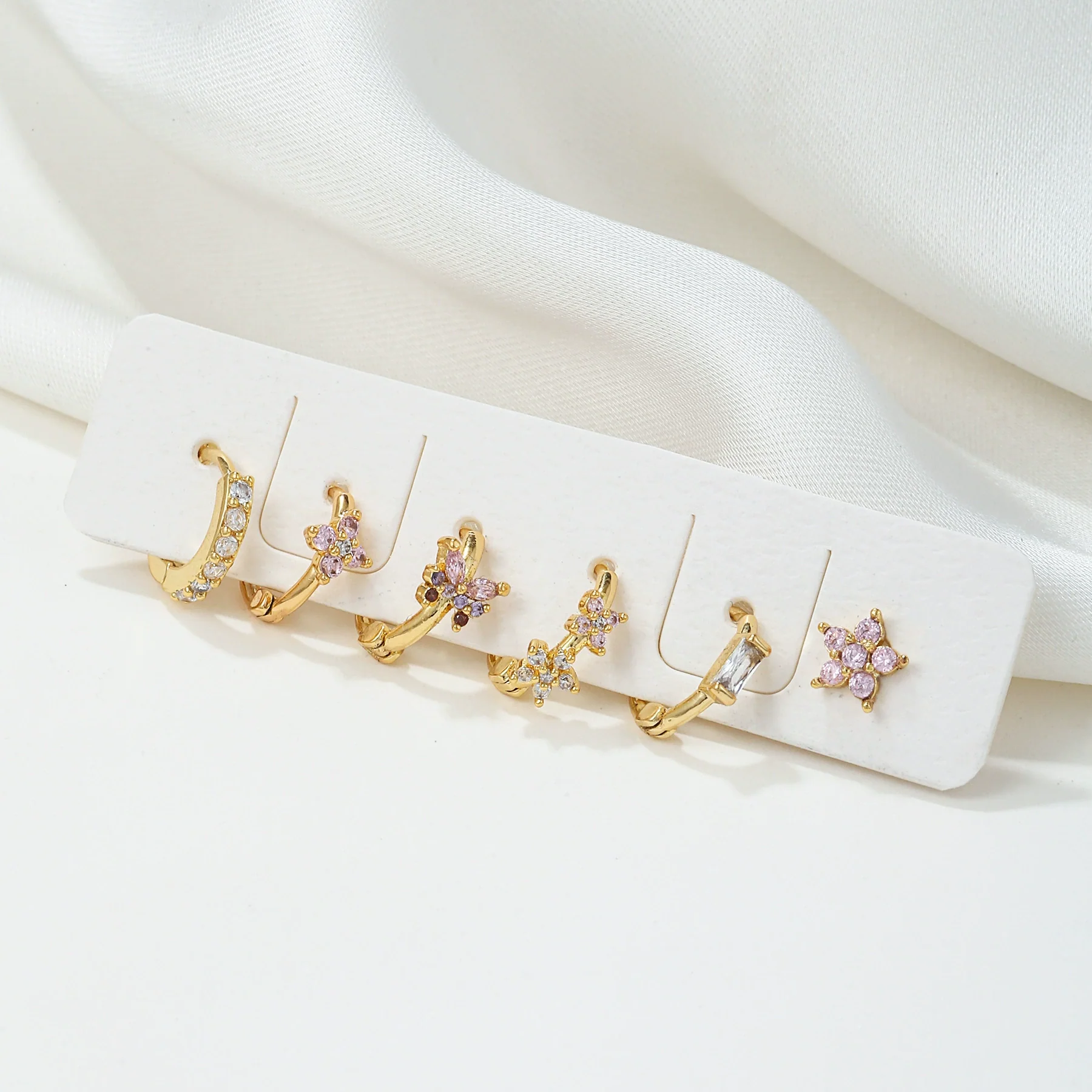 Fashion Pink Zircon Earrings Set Copper Material With Flower Pattern - Image 2