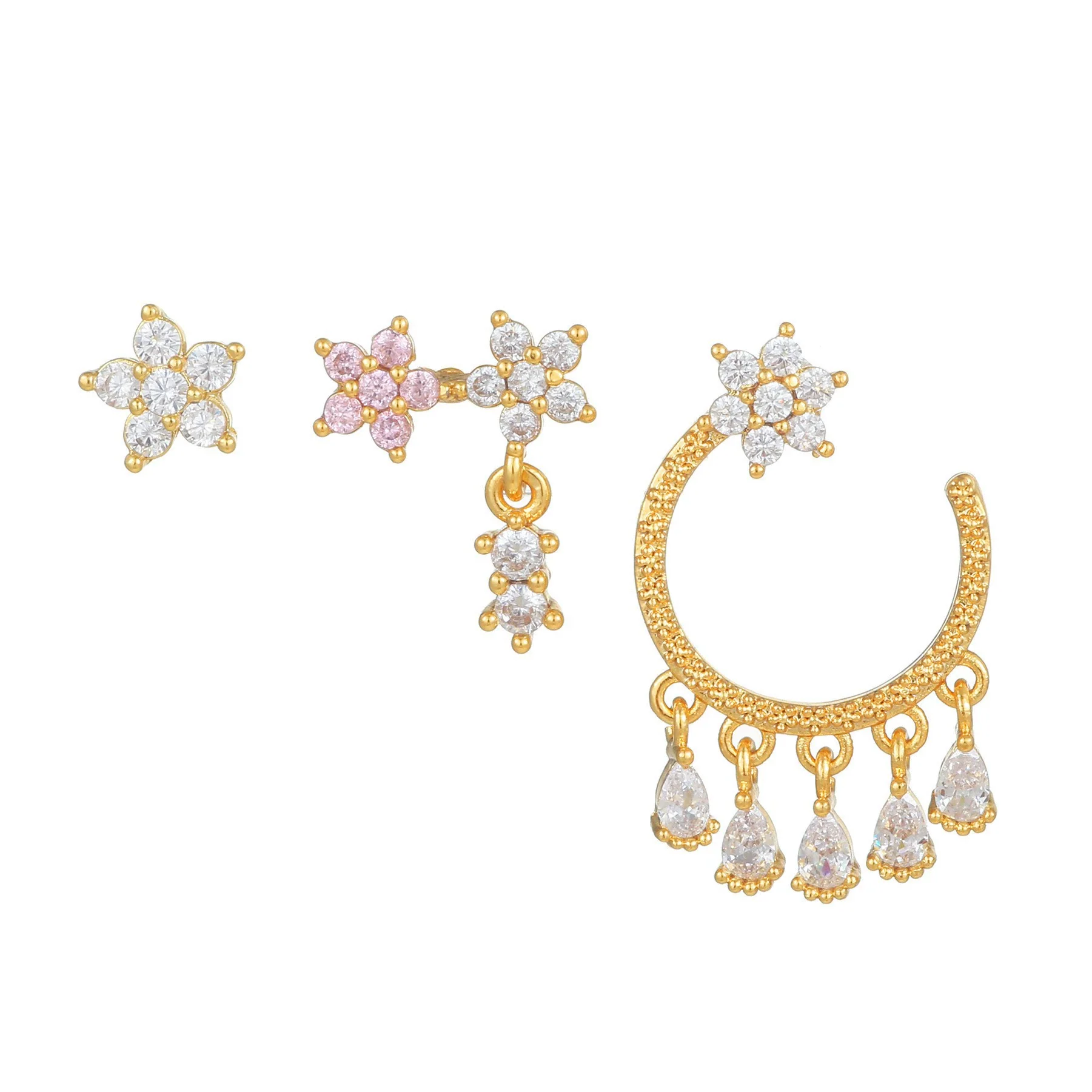 Fashion Pink Zircon Earrings Set Copper Material With Flower Pattern - Image 8