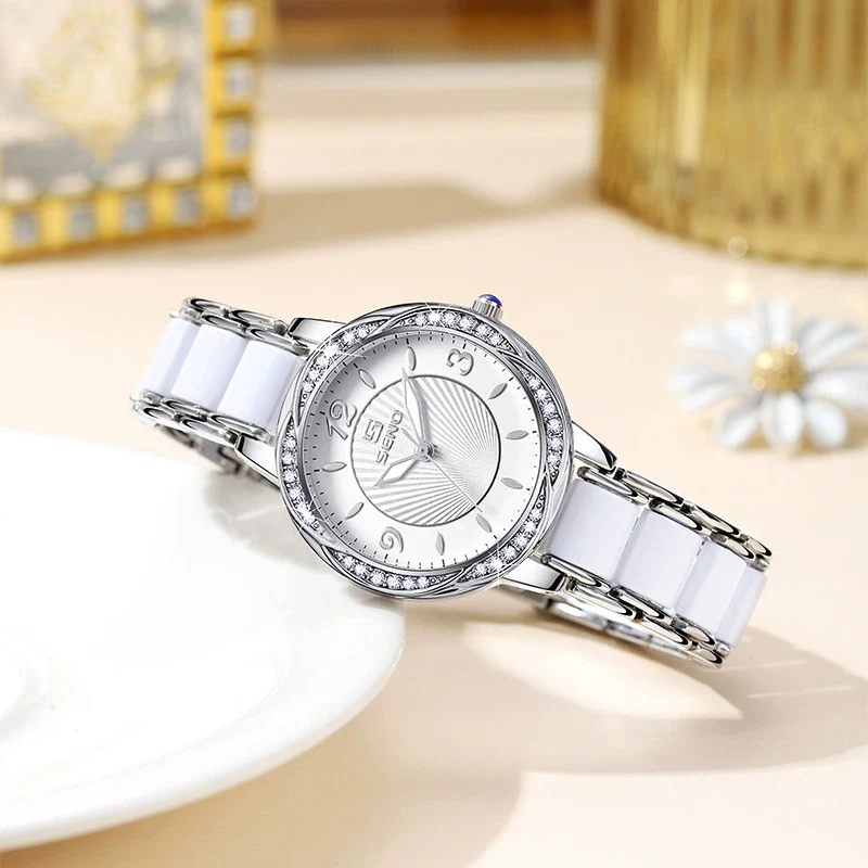 Fashion Quartz Watch For Ladies With Ceramic Watchband Butterfly Buckle Waterproof Mineral Strengthened Glass Mirror Alloy Case Stainless Steel Clasp Round Dial - Image 2