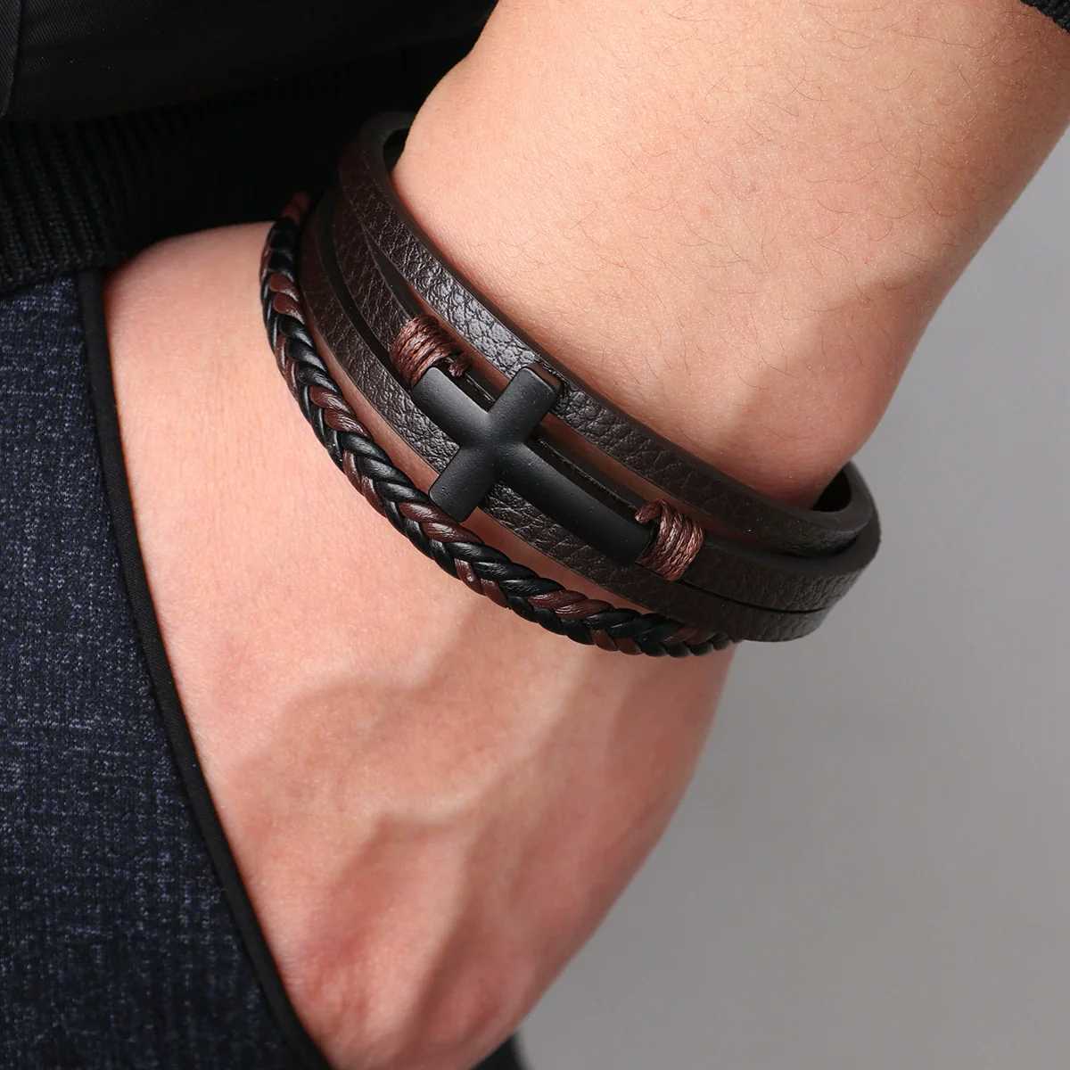 Fashion Retro Style Alloy Bracelet With Cross Design Magnetic Buckle Multilayer Simple Woven Leather Electroplated - Image 2