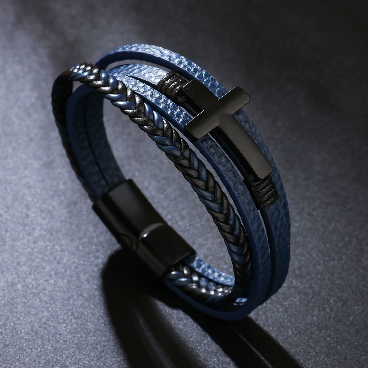 Fashion Retro Style Alloy Bracelet With Cross Design Magnetic Buckle Multilayer Simple Woven Leather Electroplated - Image 6