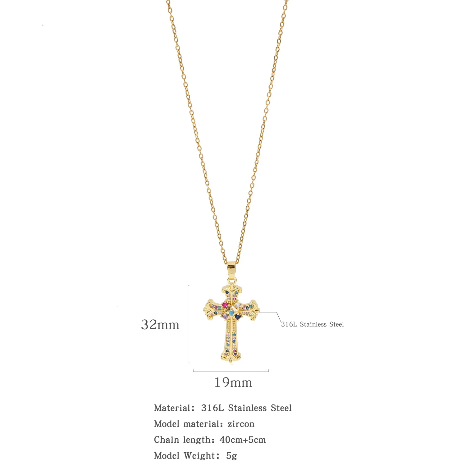 Fashion Retro Style Stainless Steel Cross Pendant Ochain Necklace With Copper Zirconium And Colored Diamond Electroplated Waterproof Fadeless Unisex Jewelry - Image 11