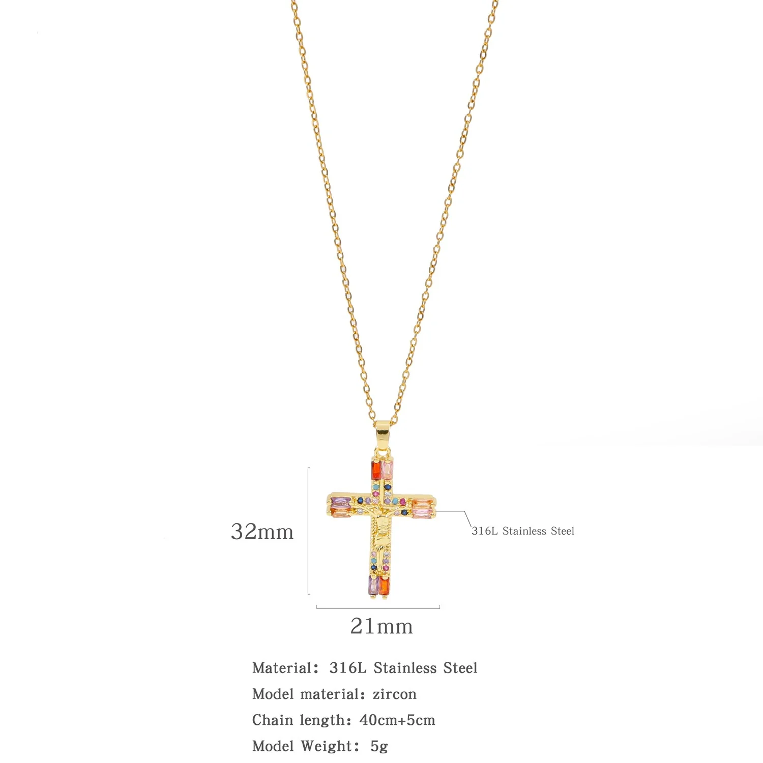 Fashion Retro Style Stainless Steel Cross Pendant Ochain Necklace With Copper Zirconium And Colored Diamond Electroplated Waterproof Fadeless Unisex Jewelry - Image 12