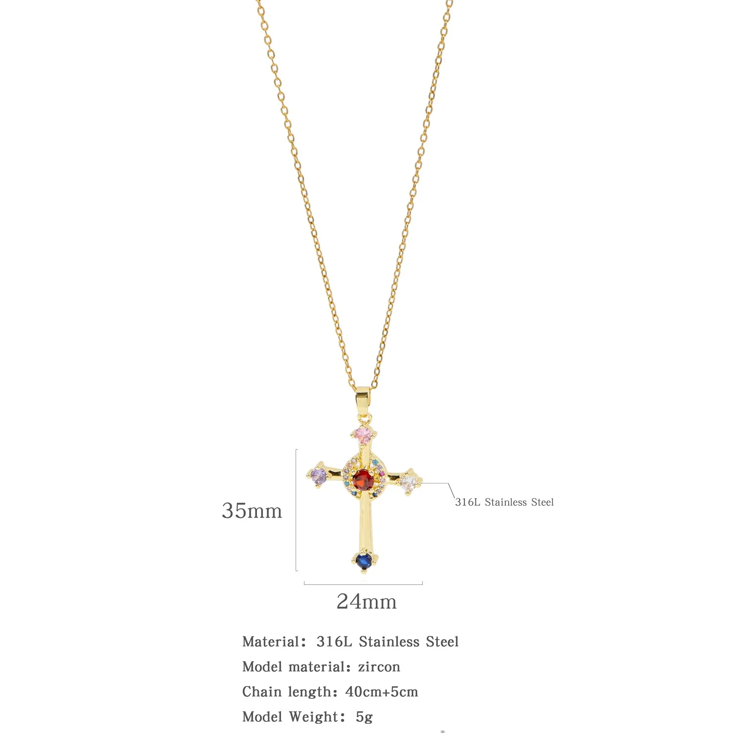 Fashion Retro Style Stainless Steel Cross Pendant Ochain Necklace With Copper Zirconium And Colored Diamond Electroplated Waterproof Fadeless Unisex Jewelry - Image 13