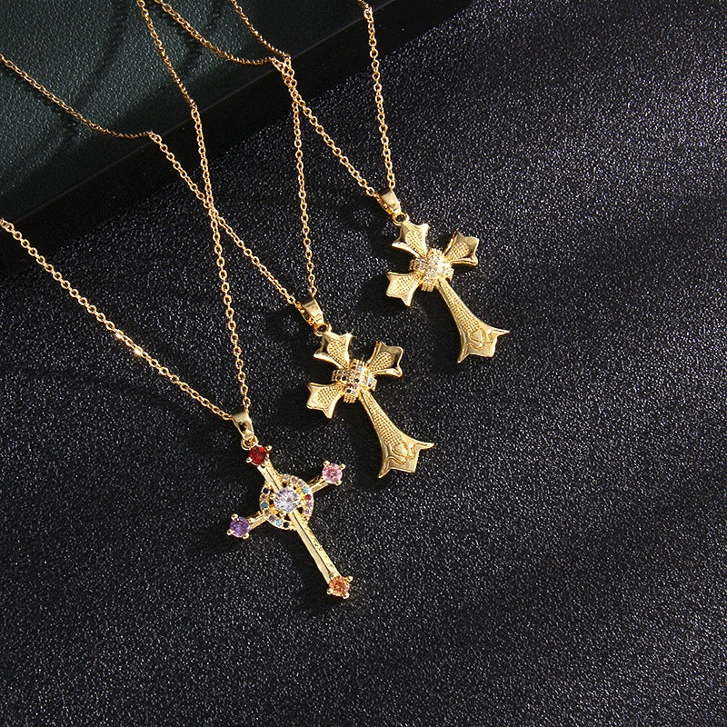 Fashion Retro Style Stainless Steel Cross Pendant Ochain Necklace With Copper Zirconium And Colored Diamond Electroplated Waterproof Fadeless Unisex Jewelry - Image 3