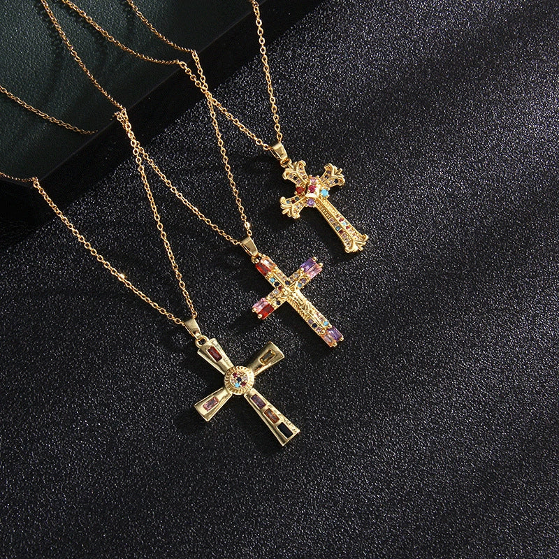 Fashion Retro Style Stainless Steel Cross Pendant Ochain Necklace With Copper Zirconium And Colored Diamond Electroplated Waterproof Fadeless Unisex Jewelry - Image 4