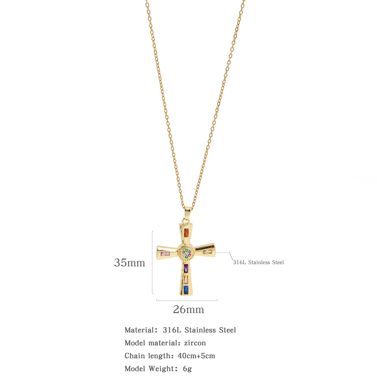 Fashion Retro Style Stainless Steel Cross Pendant Ochain Necklace With Copper Zirconium And Colored Diamond Electroplated Waterproof Fadeless Unisex Jewelry - Image 5