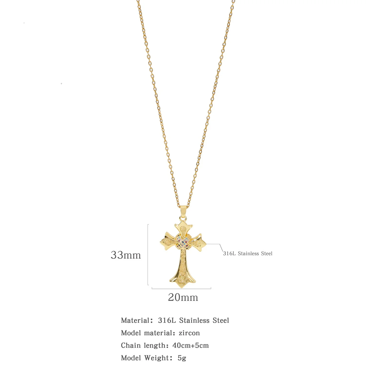 Fashion Retro Style Stainless Steel Cross Pendant Ochain Necklace With Copper Zirconium And Colored Diamond Electroplated Waterproof Fadeless Unisex Jewelry - Image 6