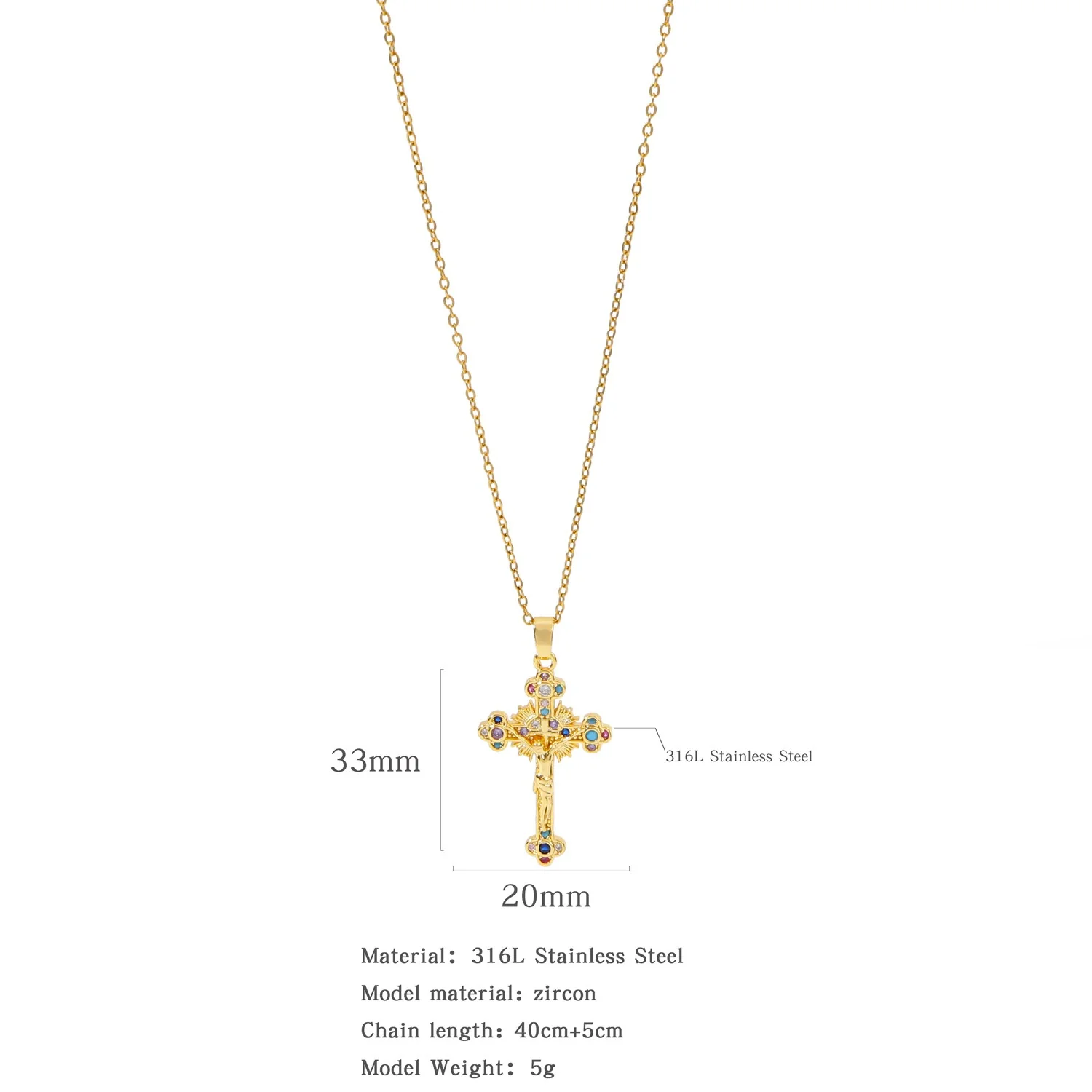 Fashion Retro Style Stainless Steel Cross Pendant Ochain Necklace With Copper Zirconium And Colored Diamond Electroplated Waterproof Fadeless Unisex Jewelry - Image 8