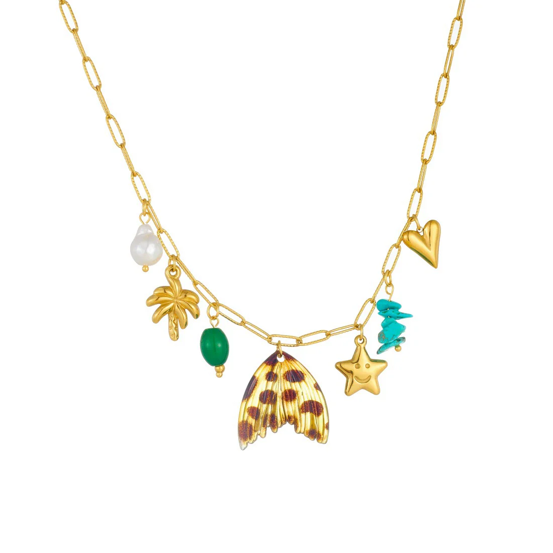 Fashion Retro Turquoise Pearl Coconut Tree Leopard Print Fishtail Star Pendant Necklace For Women With Electroplated Stainless Steel Pendant And Flat Cross Chain - Image 5