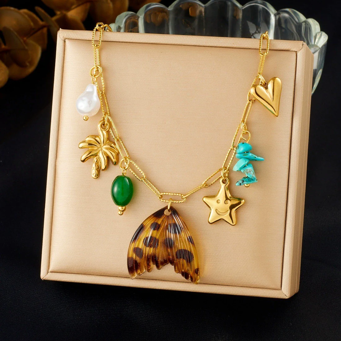 Fashion Retro Turquoise Pearl Coconut Tree Leopard Print Fishtail Star Pendant Necklace For Women With Electroplated Stainless Steel Pendant And Flat Cross Chain - Image 6
