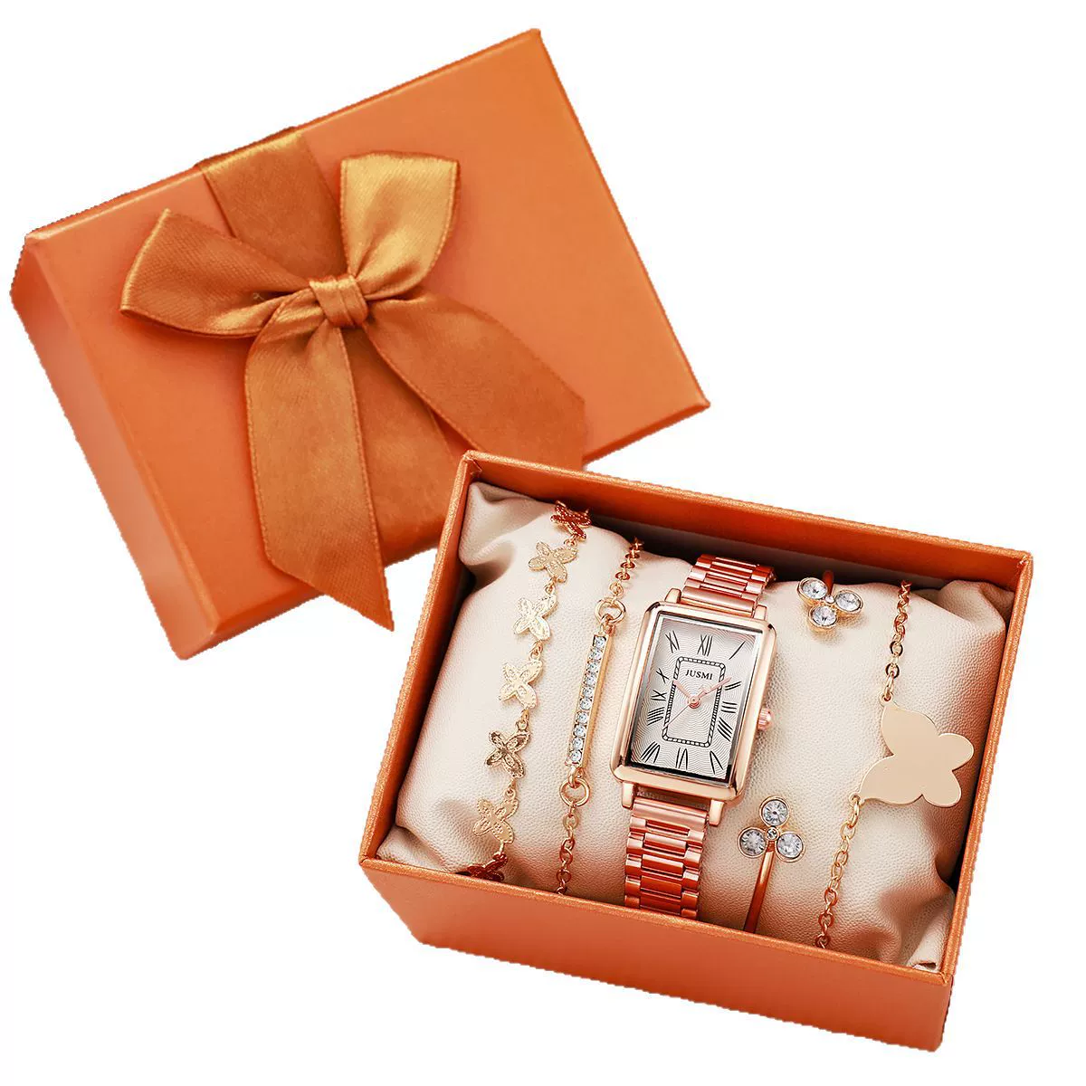 Fashion Rose Gold Watch Set With Square Quartz Watch And Butterfly Bracelet Alloy Case Stainless Steel Strap Roman Numerals Scale For Female - Image 5