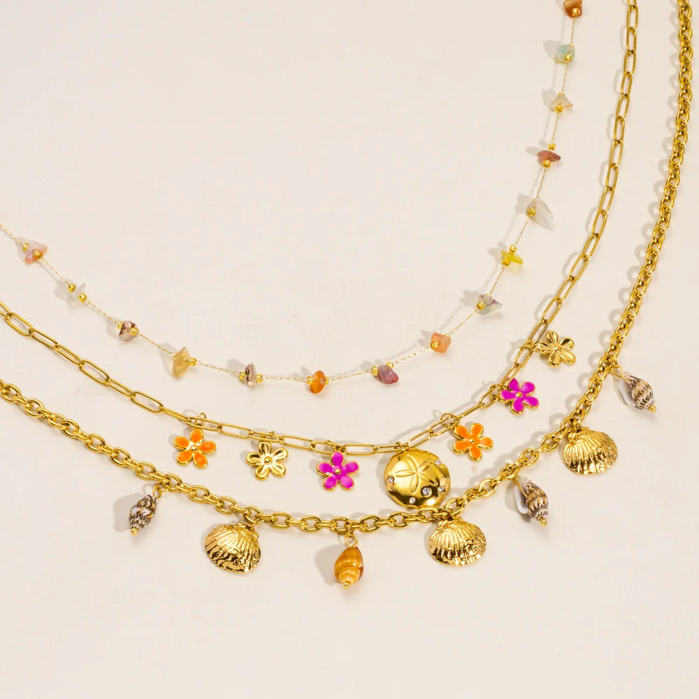 Fashion Shell Flower Multipendant Stainless Steel And Titanium Steel Necklace With Geometric Pattern And Electroplating For Women - Image 3