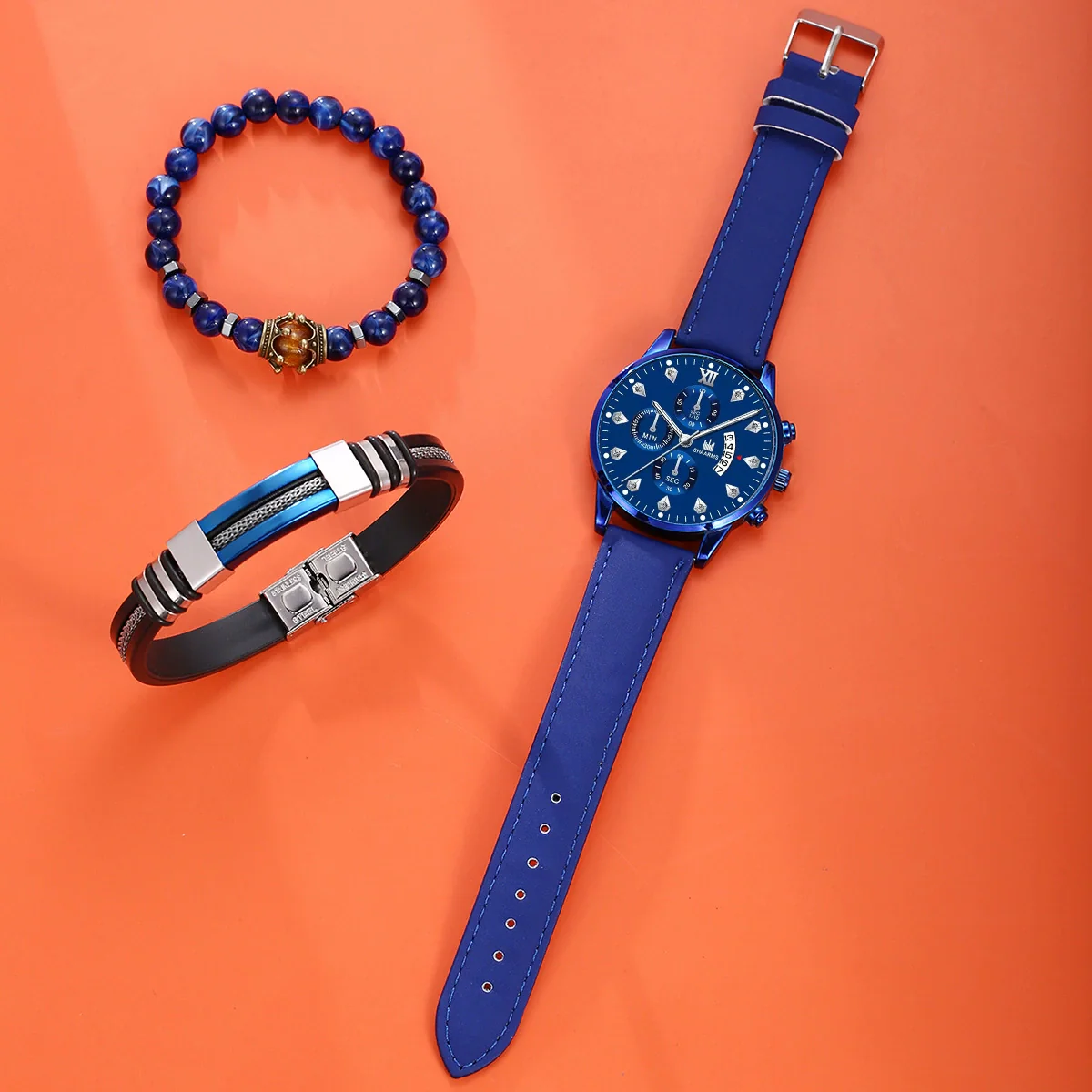 Fashion Sports Personality Explosions Men's Quartz Watch And Beaded Bracelet 2Piece Set Alloy Case Imitation Leather Strap Stainless Steel Clasp Round Dial - Image 3