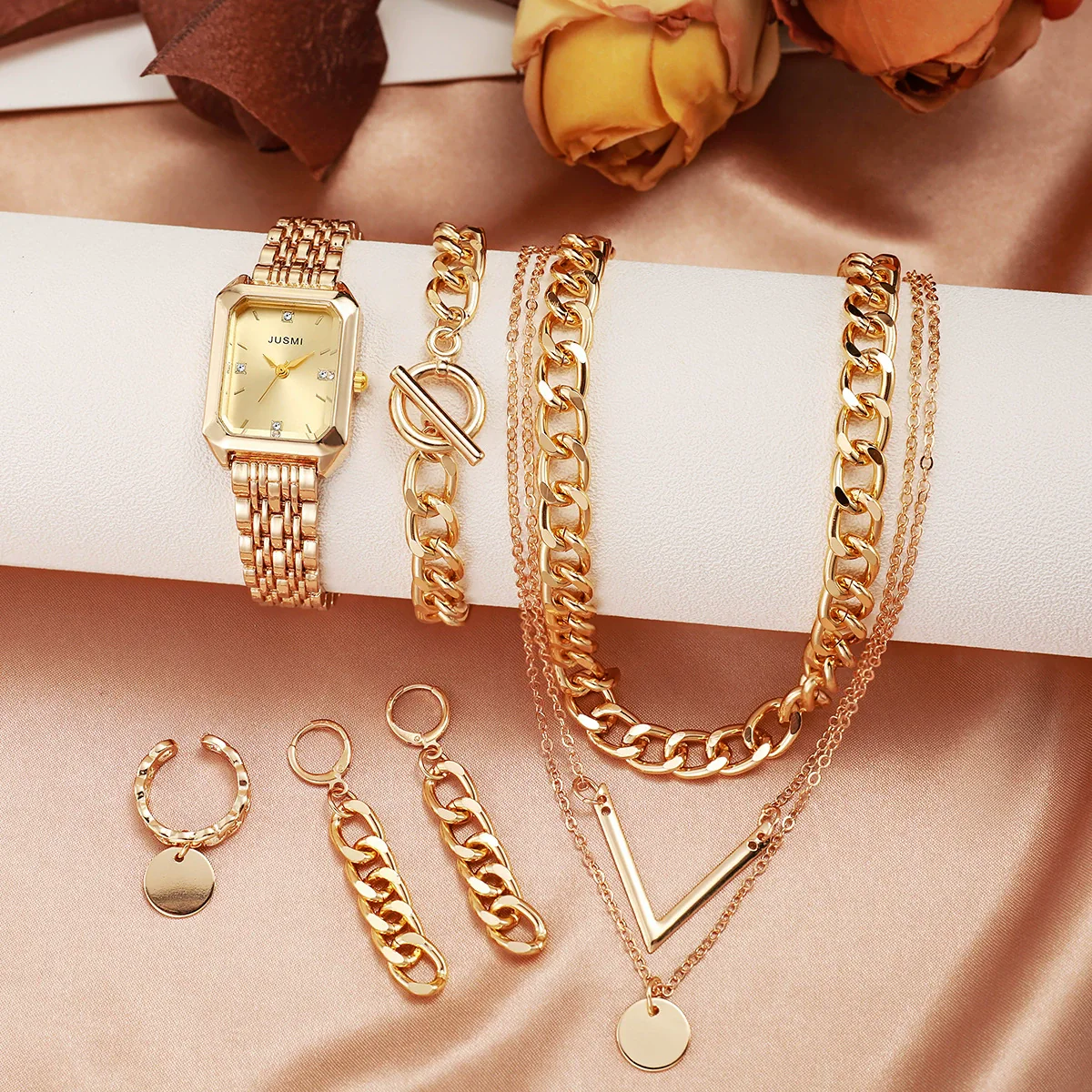 Fashion Square Bracelet Watch Hip Hop Spice Multilayer Necklace Sweater Chain Jewelry Alloy Artificial Zircon Ordinary Glass Mirror - Image 2