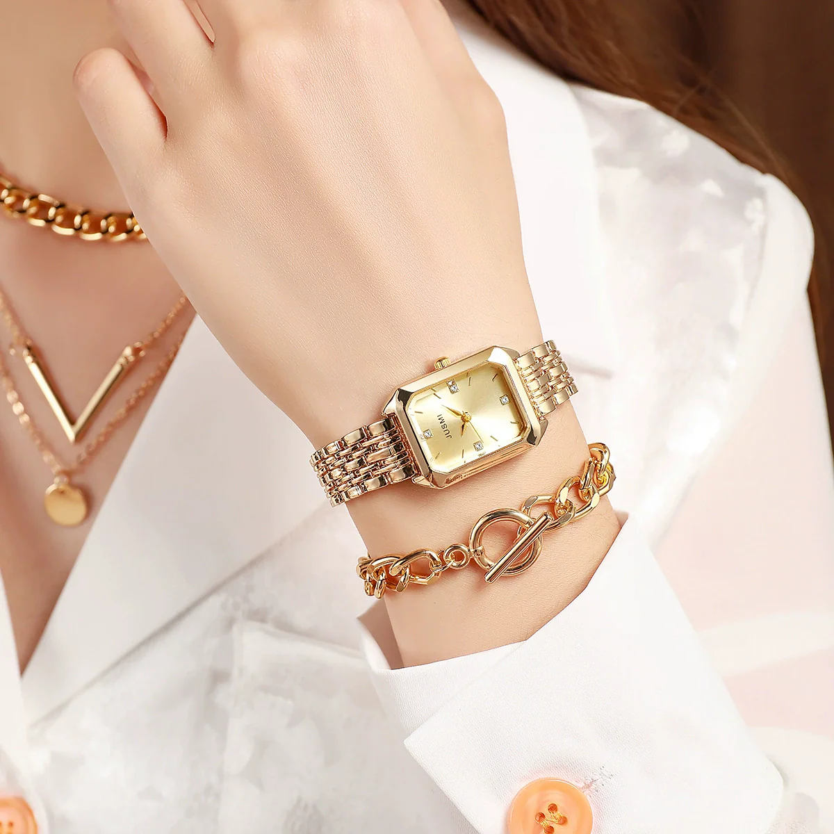 Fashion Square Bracelet Watch Hip Hop Spice Multilayer Necklace Sweater Chain Jewelry Alloy Artificial Zircon Ordinary Glass Mirror - Image 3