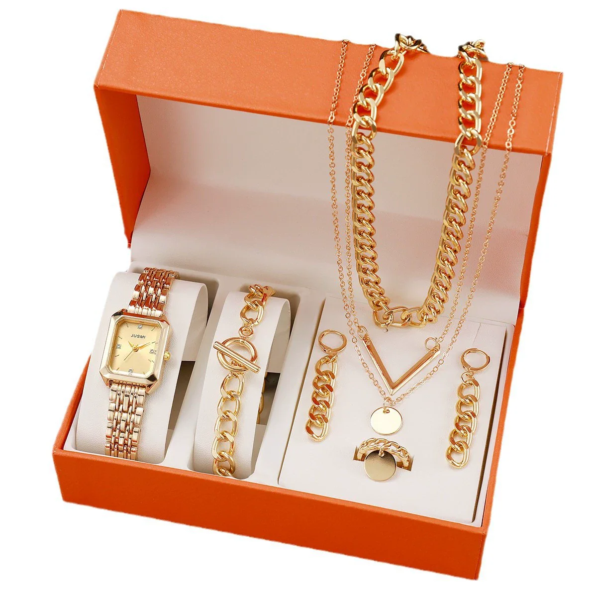 Fashion Square Bracelet Watch Hip Hop Spice Multilayer Necklace Sweater Chain Jewelry Alloy Artificial Zircon Ordinary Glass Mirror - Image 4
