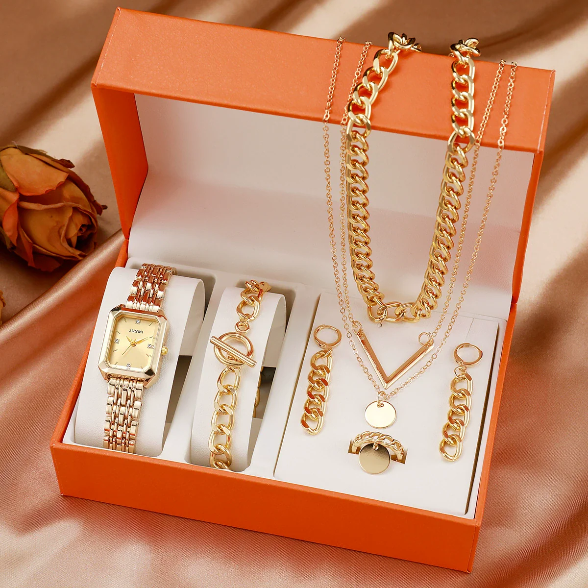 Fashion Square Bracelet Watch Hip Hop Spice Multilayer Necklace Sweater Chain Jewelry Alloy Artificial Zircon Ordinary Glass Mirror - Image 5