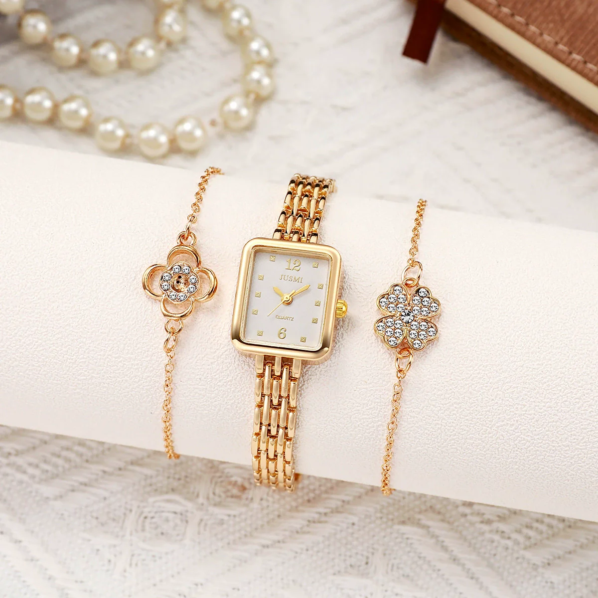 Fashion Square Ins Diamond Women's Watch And Four Leaf Clover Flower Bracelet Set Alloy Material - Image 3