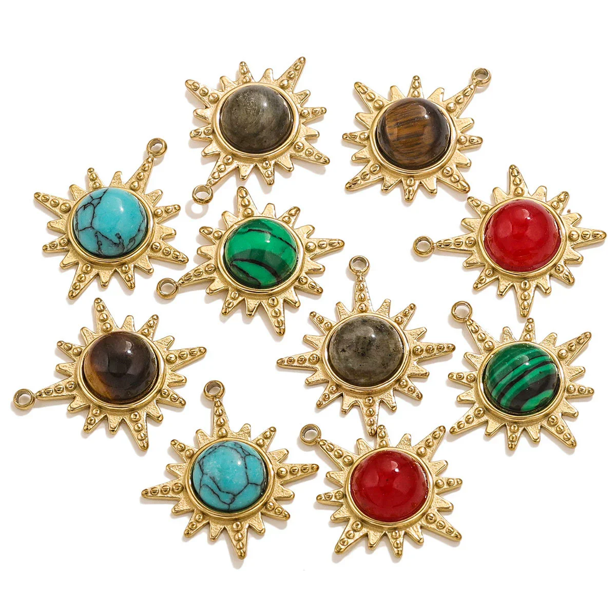 Fashion Stainless Steel Natural Stone Tiger Eye Stone Classic Eight Mans Star Element Titanium Steel Flower Pendant Electroplated 18K Gold Diy Necklace Earrings Accessories