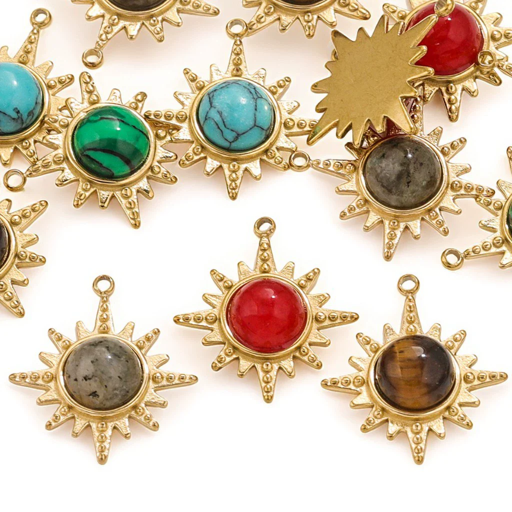 Fashion Stainless Steel Natural Stone Tiger Eye Stone Classic Eight Mans Star Element Titanium Steel Flower Pendant Electroplated 18K Gold Diy Necklace Earrings Accessories - Image 2