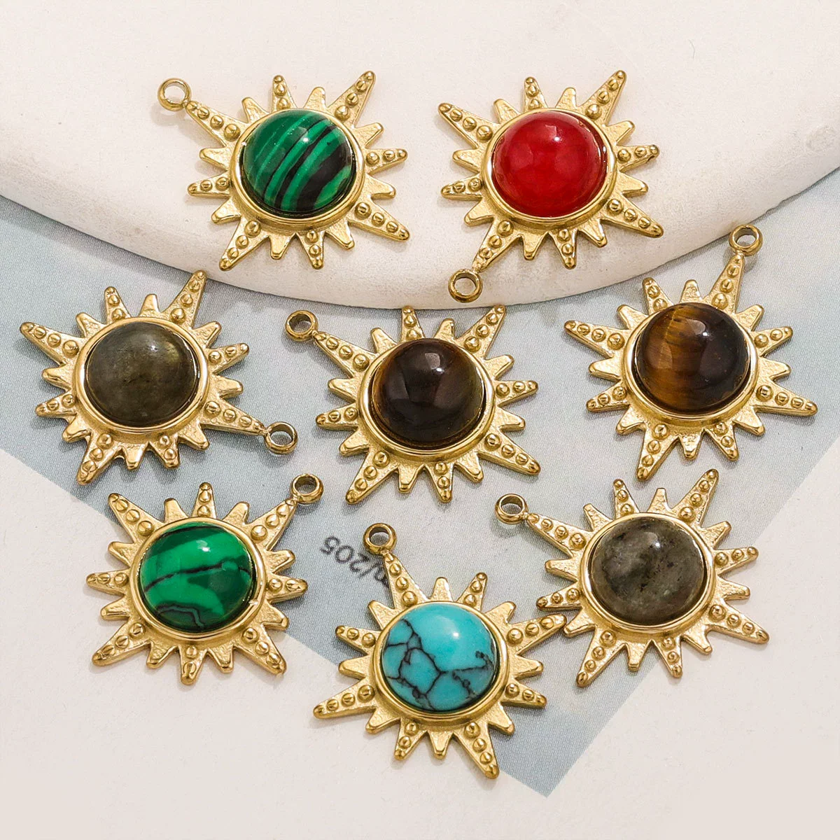 Fashion Stainless Steel Natural Stone Tiger Eye Stone Classic Eight Mans Star Element Titanium Steel Flower Pendant Electroplated 18K Gold Diy Necklace Earrings Accessories - Image 3