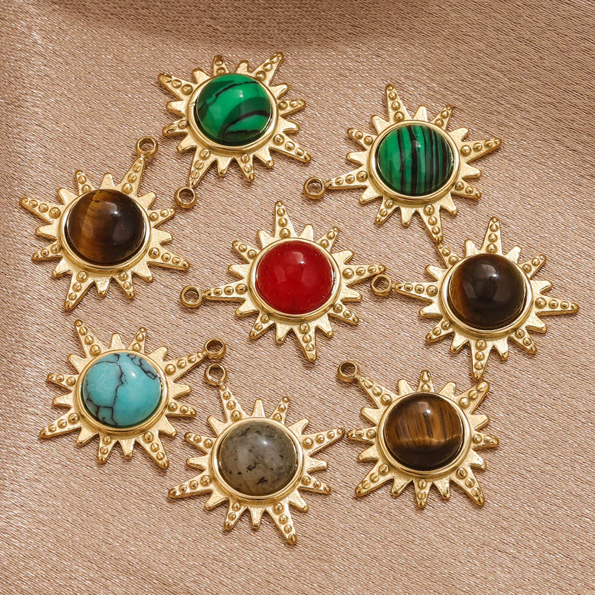 Fashion Stainless Steel Natural Stone Tiger Eye Stone Classic Eight Mans Star Element Titanium Steel Flower Pendant Electroplated 18K Gold Diy Necklace Earrings Accessories - Image 4