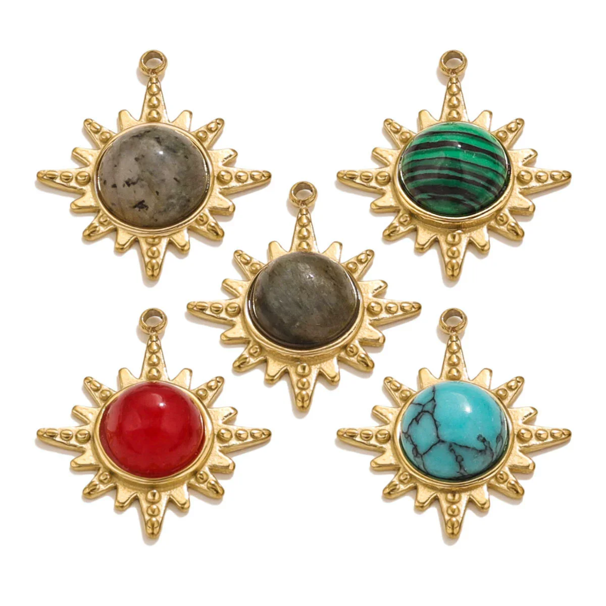 Fashion Stainless Steel Natural Stone Tiger Eye Stone Classic Eight Mans Star Element Titanium Steel Flower Pendant Electroplated 18K Gold Diy Necklace Earrings Accessories - Image 5