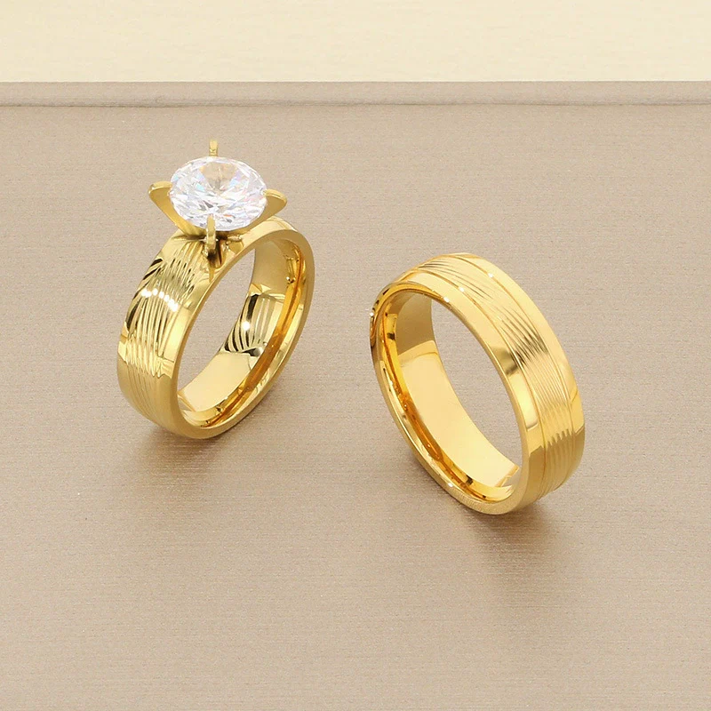 Fashion Stainless Steel Zircon Fourclaw Ring Set With Diamonds Geometric Style For Women And Couples - Image 4