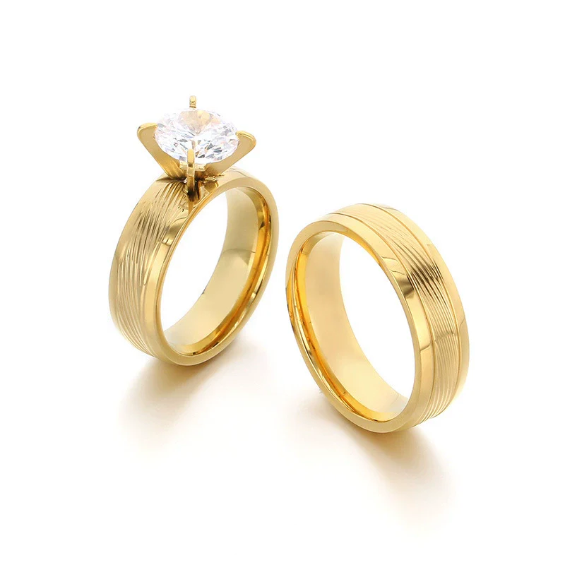Fashion Stainless Steel Zircon Fourclaw Ring Set With Diamonds Geometric Style For Women And Couples - Image 5