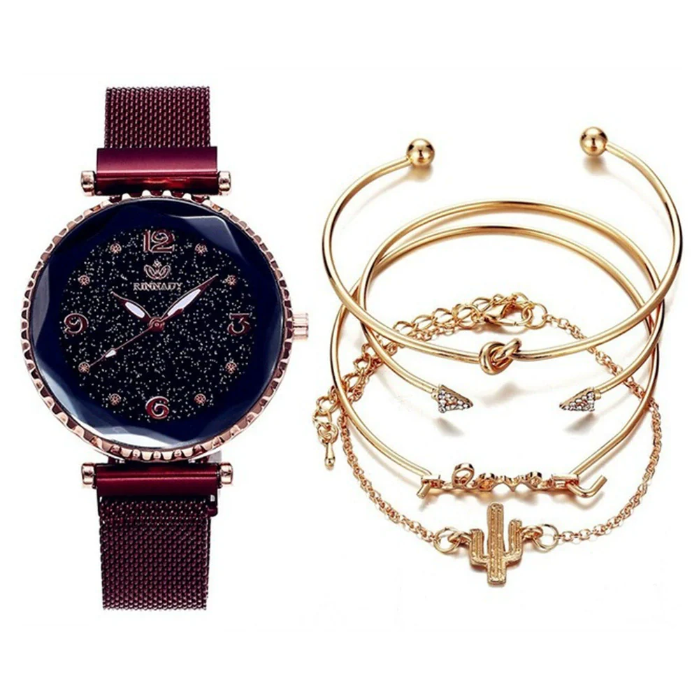 Fashion Starry Sky Gradient Women's Alloy Case Pu Strap Quartz Watch And Bracelet Bangle Set With Stainless Steel Magnet Buckle - Image 5