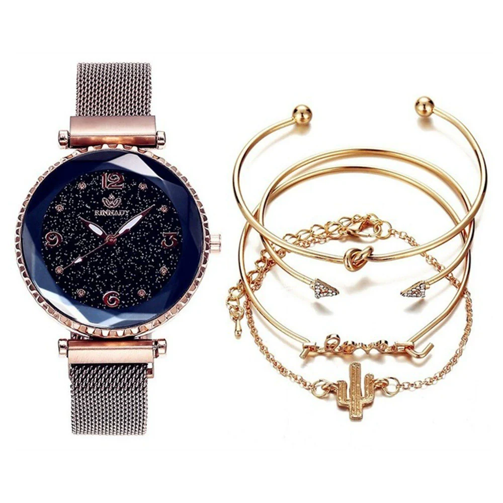 Fashion Starry Sky Gradient Women's Alloy Case Pu Strap Quartz Watch And Bracelet Bangle Set With Stainless Steel Magnet Buckle - Image 7