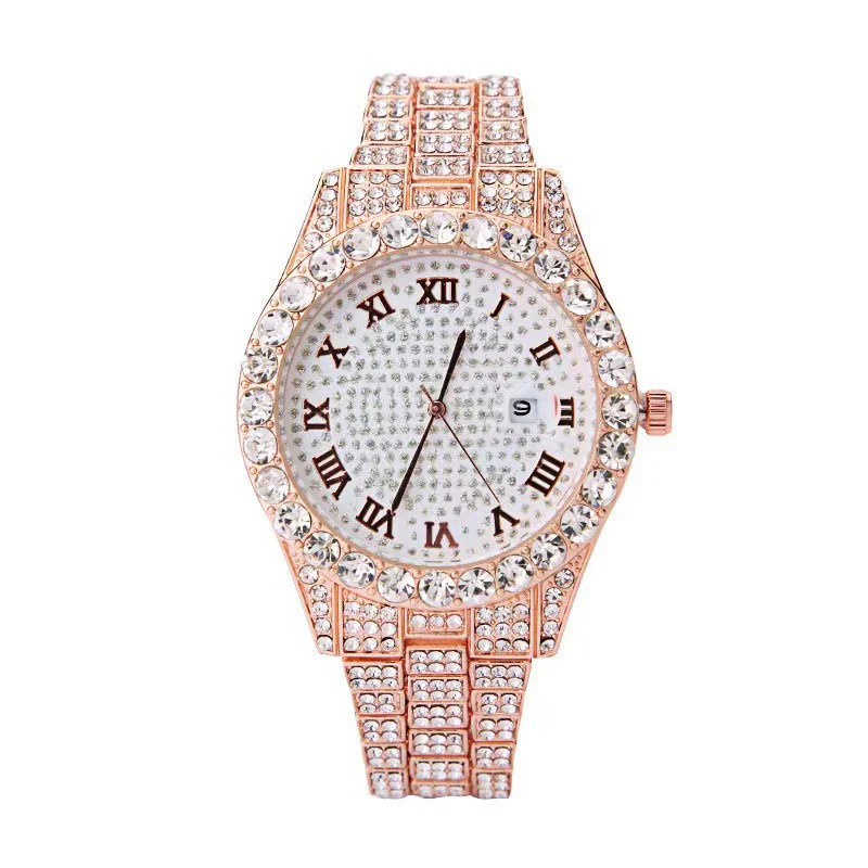 Fashion Steel Belt Watch With Starry Diamond Roman Scale Calendar Round Dial Alloy Case Stainless Steel Buckle - Image 3