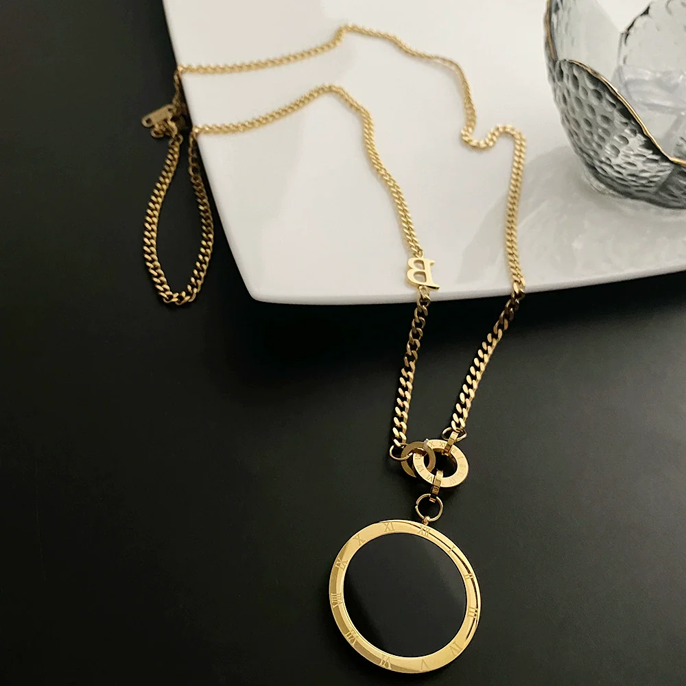 Fashion Titanium Steel Geometric Plaid Water Wave Chain Long Round Necklace Unisex Accessories