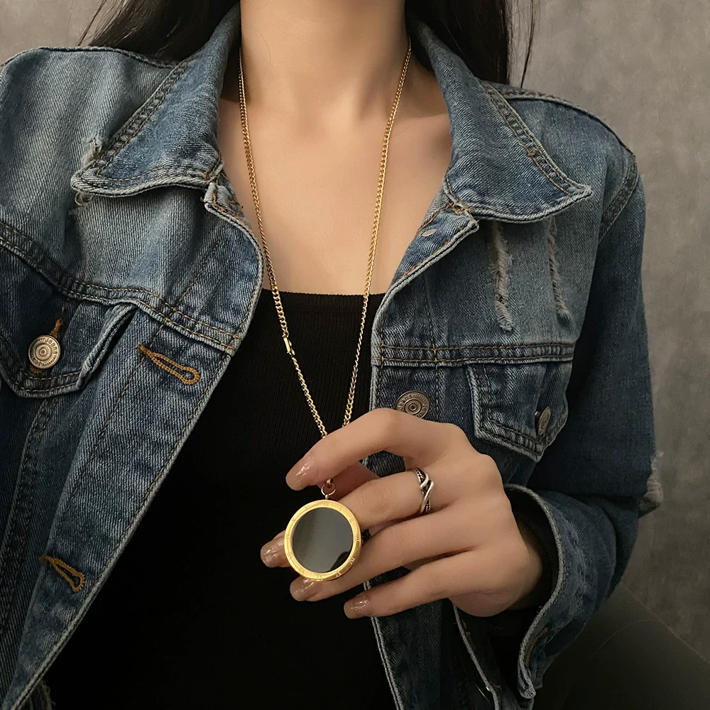 Fashion Titanium Steel Geometric Plaid Water Wave Chain Long Round Necklace Unisex Accessories - Image 2