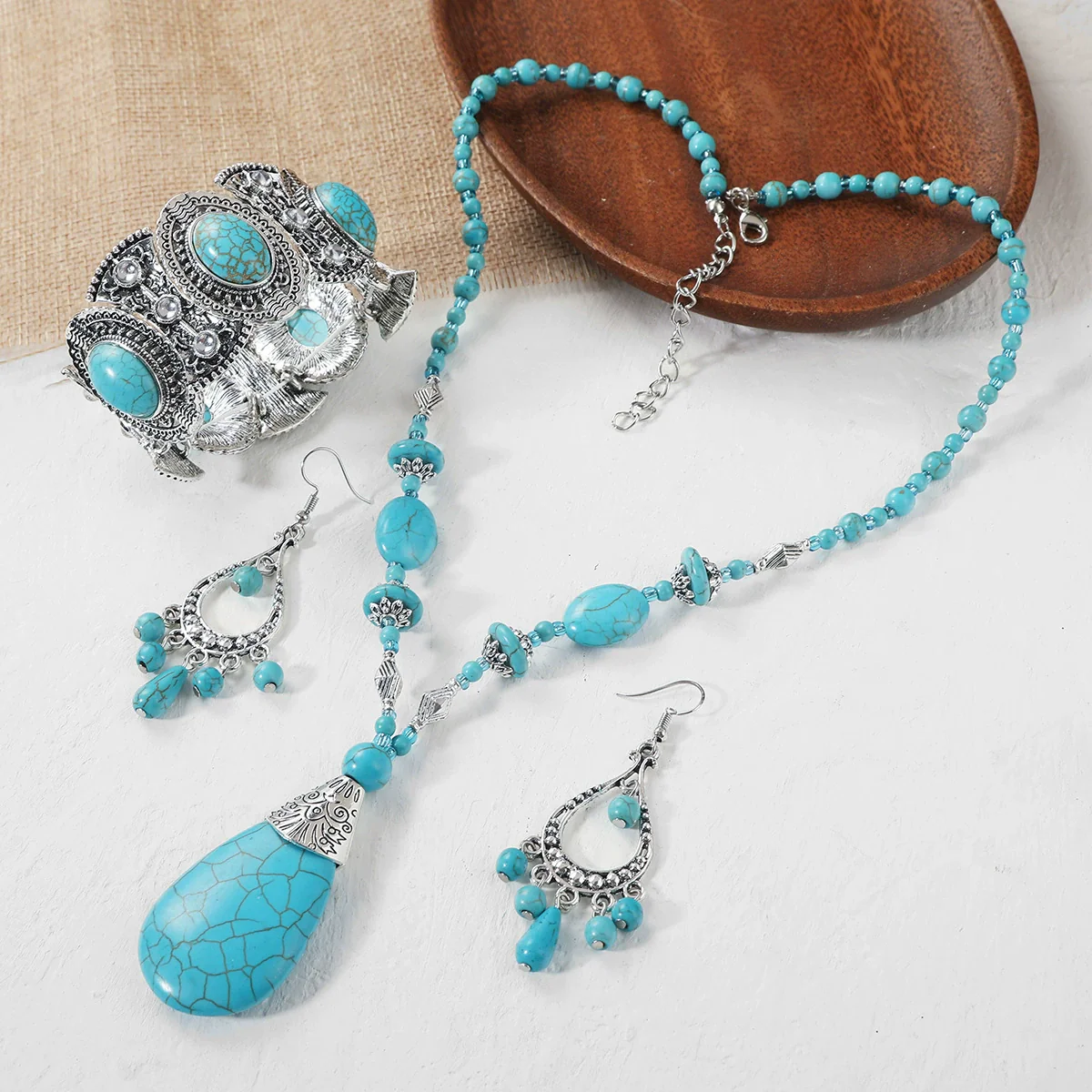 Fashion Turquoise Alloy Vintage Silver Natural Stone Bracelet Electroplating