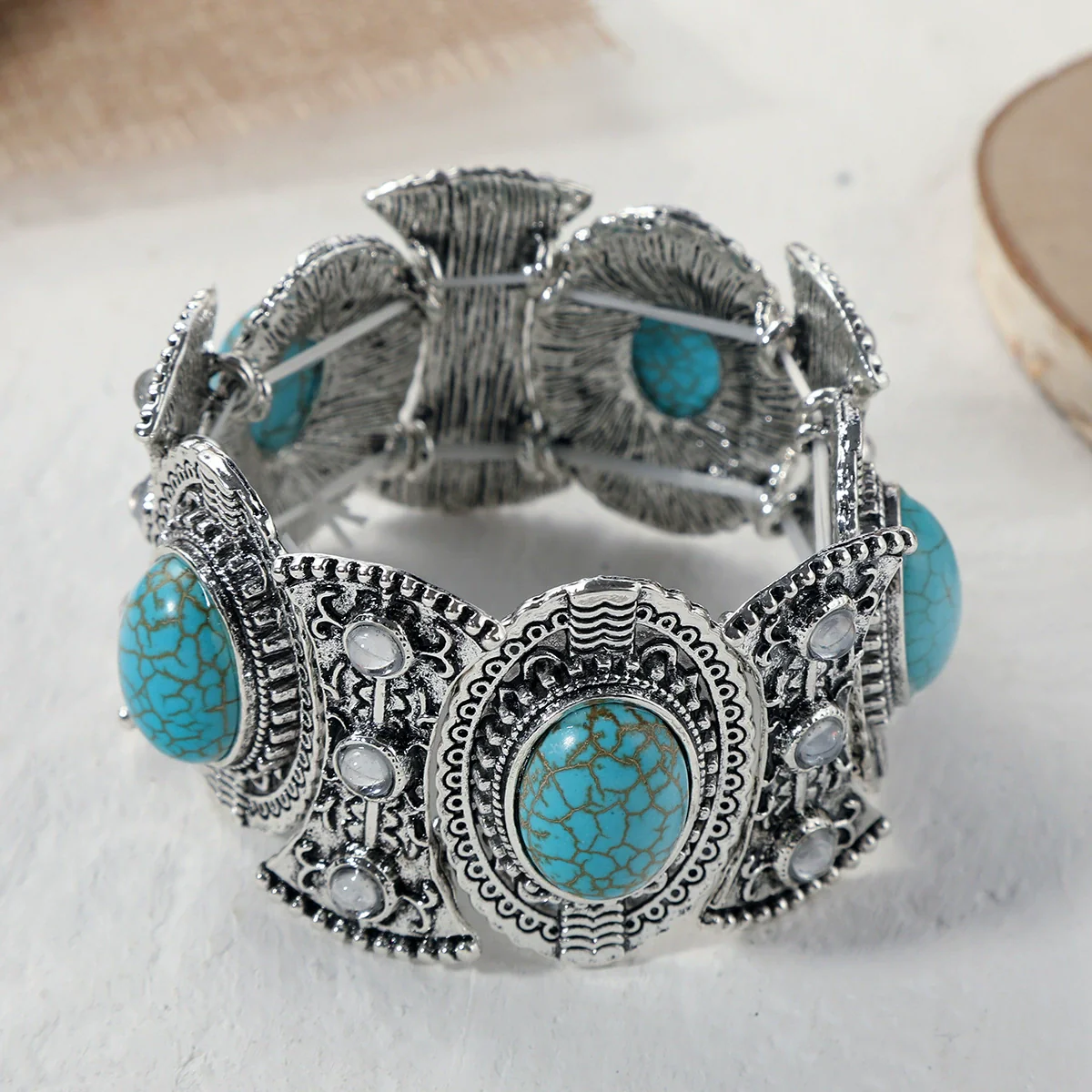 Fashion Turquoise Alloy Vintage Silver Natural Stone Bracelet Electroplating - Image 2
