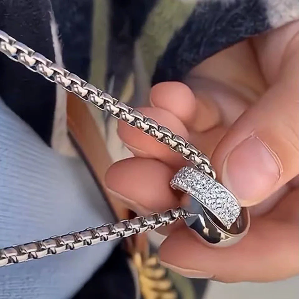Fashion Unisex Geometric Titanium Steel Double Ring Crystal Necklace With Electroplating Treatment - Image 3